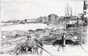 A Temze látképe a London-medence felett (Anglia), 1859-ben, a Temzéről készült metszetsorozat része, amely az angol fővárosban dolgozó tengerészeti munkások közösségét mutatja be. alkotó: James Abbott McNeill Whistler