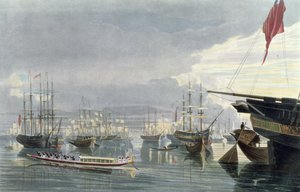 Kilátás a folyóra, a hajózásra és Kalkutta városára, Smiths Dock közelében, 1837, vésette Robert Havell ifjabb (1793-1878) (akvatinta)