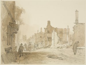 A Kúria és Vámház romjai a Queen Square-en a zavargások után (ceruza és akvarell papíron) alkotó: James Baker Pyne