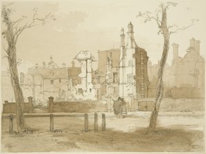 A Queen Square nyugati oldala, a zavargások után (ceruza és akvarell papíron) alkotó: James Baker Pyne