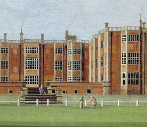 Kilátás a Temple Newsam House-ra, 1750 körül (olaj, vászon) (128852 részlet, amely a homlokzat központi részét mutatja) alkotó: James Chapman