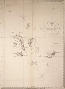 A Galapagos-szigetek térképe, amelyet a "Rattler" kereskedelmi hajóval mértek fel, és James Colnett kapitány, a Királyi Haditengerészet tagja rajzolt. Az 1832. évi javítások. alkotó: James Colnett