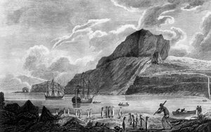 Kerguelen-sziget, kilátás a Karácsonyi-öbölre, William Hodges rajza, William Watts metszete, illusztráció az Utazás a Déli-sark felé című filmből és a Kerek világ, James Cook (1728-1779) kiadása 1778-ban Párizsban