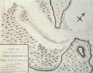 Térkép az Endeavour folyó bejáratáról, térkép James Cook (1728-1779) 1768 és 1771 közötti első útjának beszámolójából, Ausztrália