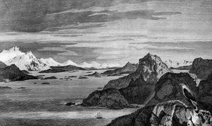 A karácsonyi hang képe, Tierra del Fuego, William Hodges rajza, William Watts metszete, illusztráció az Utazás a déli sark felé című filmből és a Kerek világ, James Cook (1728-1779) kiadása 1778-ban Párizsban jelent meg