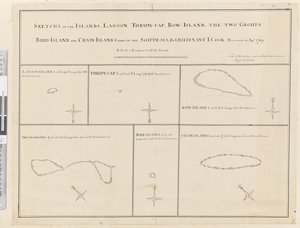 iii. Vázlatok a délen fekvő lagúna, Thrum-Cap, Bow-Island, a két csoport, a Madársziget és a Láncsziget szigeteiről, a tengerről... fedezték fel 1769 áprilisában alkotó: James Cook