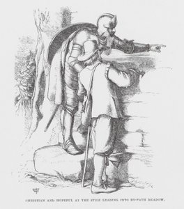 Christian és Hopeful a Mellékút rétjére vezető kapunál (metszet) alkotó: James Dawson Watson