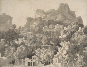 Sziklás táj klasszikus épületekkel, 1745 körül (toll és tinta mosással a papíron) alkotó: James Deacon