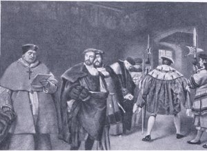 Wolsey bíboros elbocsátása VIII. Henrik király által, a Cassells History of the British People című könyvéből, amelyet a Waverley Book Company adott ki, az 1950-es évek körül alkotó: James Dromgole Linton