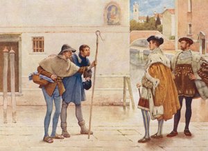 Shakespeare A velencei kalmár című műve: Bassanio, Lorenzo, az öreg Gobbo és Launcelot Gobbo (színes litográfia) alkotó: James Dromgole Linton