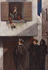 Shakespeare A velencei kalmár című műve: Jessica, Lorenzo, Gratiano és Salarino (színes litográfia) alkotó: James Dromgole Linton