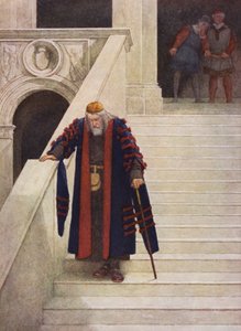 Shakespeare A velencei kalmár című műve: Shylock elhagyja a hercegi palotát (színes litográfia) alkotó: James Dromgole Linton