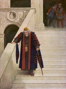 Shakespeare A velencei kalmár című műve: Shylock elhagyja a hercegi palotát (színes litográfia)