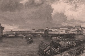 Kilátás az Arno folyóra Pisában, Toszkánában, Olaszországban, Thomas Higham (1796-1844) acélmetszete James Duffield Harding (1798-1863) rajza alapján alkotó: James Duffield Harding