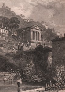 Kilátás a Clitumnus-templomra a Clitunno-folyó mentén, Campello sul Clitunno közelében, Umbria, Olaszország, Jordan acélmetszet James Duffield Harding (1798-1863) rajza alapján, kb 10, 5x15 cm alkotó: James Duffield Harding