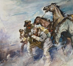 Férfiak és lovak viharban (gouache, papír) alkotó: James Edwin McConnell