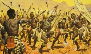 A zulu harcosokat Shaka arra kényszeríti, hogy tüskés talajon táncoljanak. alkotó: James Edwin McConnell