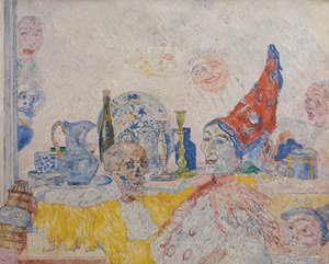 Pierrot és csontváz sárga köntösben alkotó: James Ensor