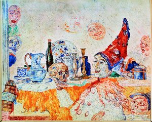 Pierrot és csontváz sárgában (festmény vászonra) alkotó: James Ensor