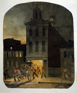A philadelphiai tűzoltóság elhagyja a laktanyát, hogy a tűz helyszínére menjen. James Fuller Queen (1820-1866) akvarellje 1857.