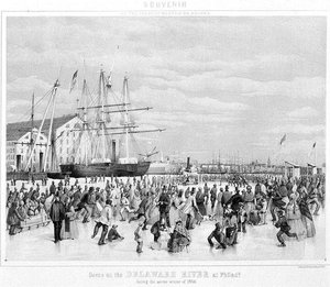 Jelenet a Delaware folyón Philadelphiában, 1856 súlyos telén, 1860 körül (litho) (f/w fotó)