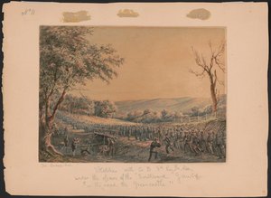 Vázlatok Co. B-vel, 8. sz. Pa. Ma. a régi Southwark Gaurd [sic] tisztjei alatt a Greencastle felé vezető úton / Jas. Queen del. Absztrakt/médium