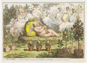 The Orangerie: A holland Cupido kipiheni az ültetés fáradalmait, 1796 A Narancsház; vagy a holland Ámor pihen, az ültetés fáradalmai után (cím a tárgyon) alkotó: James Gillray (signed by artist)