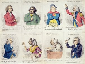 8 ékesszólást ábrázoló matrica, Hannah Humphrey 1795-ben (kézzel színezett rézkarc)