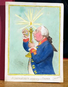 Egy Coopert vizsgáló műértő, III. György (1738-1820) az új forradalomtól félve Cromwell portréját nézi, kocsmában. Hannah Humphrey, 1792