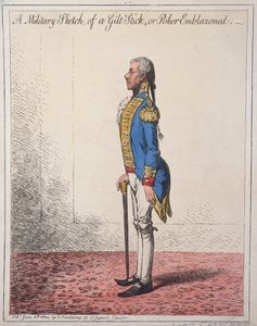 A Military Sketch of a Gilt Stick, or a Poker Emblazoned, kiadta Hannah Humphrey 1800-ban (kézi színezett metszet)