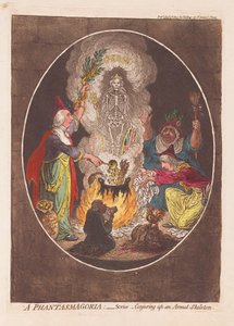 A Phantasmagoria: Scene - Fegyveres csontváz varázslása, kocsma. 1803 (kézzel színezett metszet) alkotó: James Gillray
