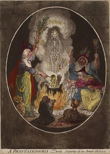 Egy fantazmagoria; - Jelenet - Fegyveres csontváz megidézése., 1803. január 5. (kézzel színezett rézkarc és akvatinta szőtt papíron) alkotó: James Gillray