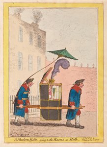Egy modern Belle a Rooms at Bath-ba, kocsmába megy. 1796 (kézzel színezett metszet)