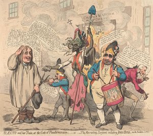 Alecto és kísérete Pandemonium kapujánál - avagy - A toborzó őrmester, aki John Bullt forradalmi szolgálatra besorozza alkotó: James Gillray