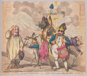 Alecto and his Train at the Gate of Pandaemonium vagy The Recruiting Sarjeant, John Bull bevonása a Revolution Service-be, kocsmába. (kézzel színezett gravírozás)