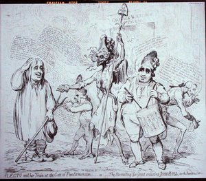 Alecto and her Train at the Gate of Pandemonium, or The Recruiting Serjeant toborzása John Bullnak a forradalmi szolgálatba, kiadta S.W. Fores 1791-ben (metszet). alkotó: James Gillray