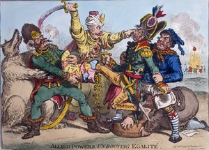 Az Allied Powers Un-Booting Egalite, Hannah Humphrey adta ki 1799-ben (kézzel színezett rézkarc)