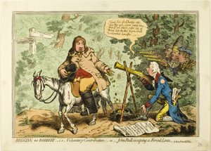 Koldulás nem rablás; azaz önkéntes hozzájárulás, vagy John Bull menekülése a kényszerített kölcsön elől alkotó: James Gillray