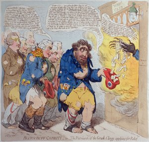 Blue und Buff Charity, avagy A segélyért folyamodó görög pap pátriárkája, Hannah Humphrey adta ki 1793-ban (kézzel színezett rézkarc)