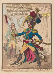 Bonaparte Nelsons Victory hallatán a kardjára esküszik, hogy kiirtsa az angolokat a Földről, kocsma. 1798 (kézzel színezett metszet) alkotó: James Gillray
