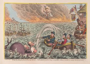 Brit Tars vonszolja a dán flottát a kikötőbe: a széles fenekű Leviathan, aki megpróbálja elárasztani Billys régi csónakját, és a kis korzikai, amely az Ambition Felhőin toporog, kocsma. 1807 (kézzel színezett engra