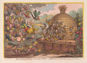 Széles fenekű drónok rohamozzák meg a kaptárt: darazsak, darazsak és darazsak csatlakoznak a támadáshoz, kocsma. 1808 (kézzel színezett metszet)