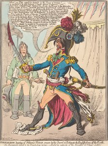 Buonaparte, Nelson győzelméről hallva, kardjára esküszik, hogy kiirtja az angolokat a Föld színéről (a Karikatúra, 1. kötet című műből) alkotó: James Gillray