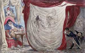 Rajzfilm Napóleonról, Paul Barrasról, Josephine-ről és Mademoiselle de Fontenayról, akiket ausii Teresa (Theresa vagy Terezia) Cabarrusnak hívnak, Madame Talliennek (Talien) vagy ezekről a hölgyekről, akik meztelenül táncolnak Barrasnak, Napóleon lopakodó 