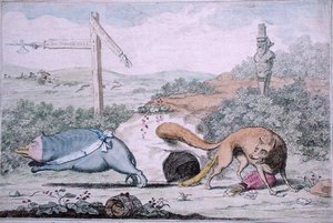 Változó helyek, avagy Róka bűzös borz a fészkéből, William Humphrey adta ki 1782-ben (kézzel színezett rézkarc) alkotó: James Gillray