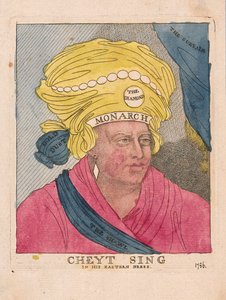 Cheyt Sing keleti ruhájában, kocsmában. 1786 (kézzel színezett metszet)