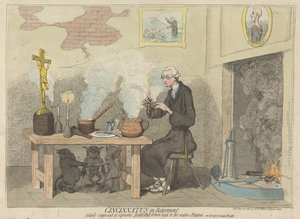 Cincinnatus visszavonulva, tévesen úgy vélték, hogy a hazai burgonyáihoz visszaűzött Jezsuita-Padot ábrázolja. (a Karikatúra 2. kötetéből) alkotó: James Gillray