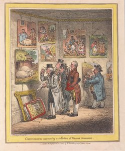 Az ínyencek George Morlands gyűjteményét vizsgálják, kocsma. 1807 (kézzel színezett metszet)
