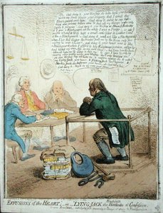 Effusions of the Heart, or Lying Jack the Blacksmith at Confession, kiadta Hannah Humphrey 1795-ben a Philanthropic Society számára (kézzel színezett metszet). alkotó: James Gillray