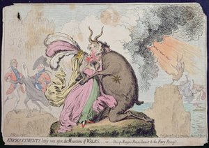 A walesi hegyen mostanában látott varázslatok, avagy Shon-ap-Morgan megbékélése a tündérhercegnővel, Hannah Humphrey adta ki 1796-ban (kézzel színezett rézkarc)
